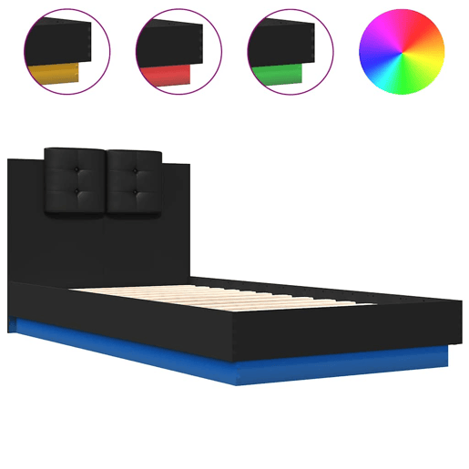 Estrutura de cama de solteiro para adultos com cabeceira e luzes LED 75x190 cm preto