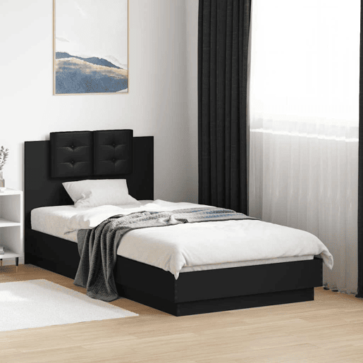 Estrutura de cama de solteiro para adultos com cabeceira e luzes LED 75x190 cm preto