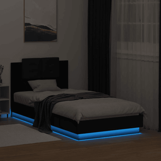 Estrutura de cama de solteiro para adultos com cabeceira e luzes LED 75x190 cm preto