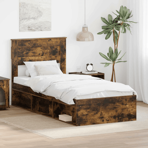 Estrutura de cama de solteiro para adultos com Cabeceira - Carvalho Defumado 100 x 200 cm