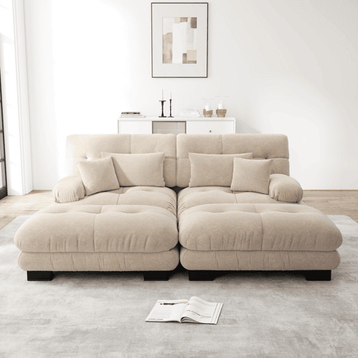 Sofá de canto Cloud 2 lugares - Chenille com 2 almofadas lombares, 2 almofadas decorativas, 2 pufes, braço largo - Café