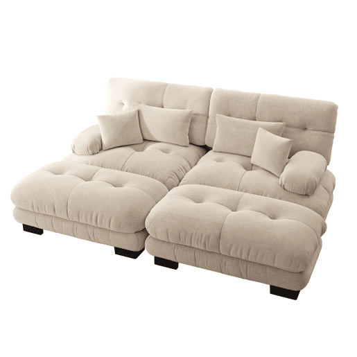 Sofá de canto Cloud 2 lugares - Chenille com 2 almofadas lombares, 2 almofadas decorativas, 2 pufes, braço largo - Café