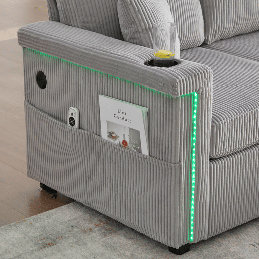 Sofá de veludo de 4 lugares - Com LED, porta USB, apoio para os pés com arrumação - Cinza claro