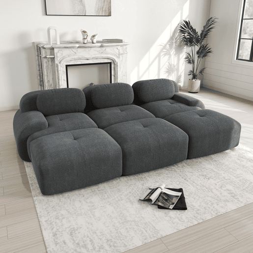 Sofá modular de 3 lugares - com 3 pufes, braços ultrafinos, montagem sem ferramentas, adequado para animais de estimação - Cinza
