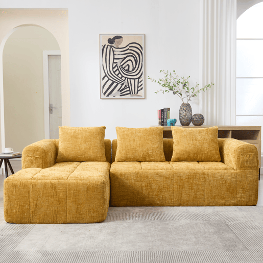 Sofá seccional moderno L - 3 lugares, sofá chenille com chaise longue, braços e 3 almofadas - Amarelo