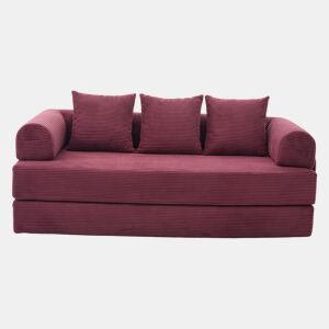 Sofá dobrável de 3 lugares - Estrutura metálica robusta, almofadas e bolsos laterais - Vermelho vinho