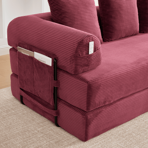Sofá dobrável de 3 lugares - Estrutura metálica robusta, almofadas e bolsos laterais - Vermelho vinho