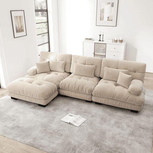 Sofá modular de luxo - Sofá de canto grande em forma de L para sala de estar, sofá-cama profundo com otomano, veludo cotelê, chenille, Light Coffee