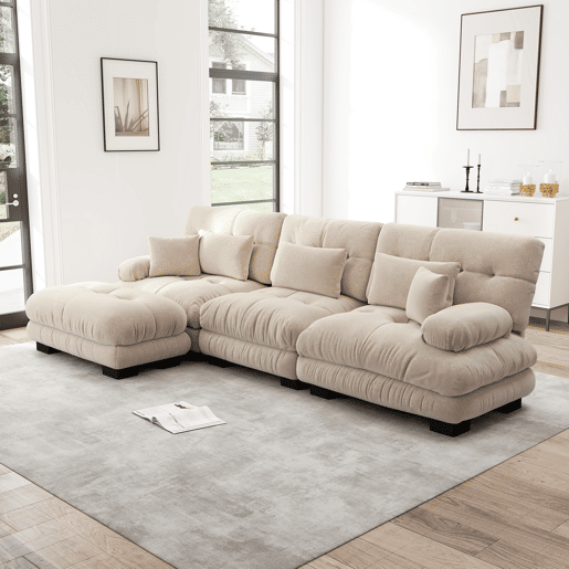 Sofá modular de luxo - Sofá de canto grande em forma de L para sala de estar, sofá-cama profundo com otomano, veludo cotelê, chenille, Light Coffee