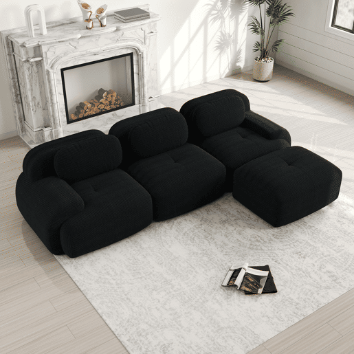 Sofá modular de canto - sem montagem, ergonómico e adequado para animais de estimação, com braços extra largos, almofada de espuma 32D - Preto