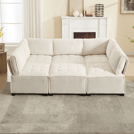 Sofá modular de 6 lugares, 308 cm - Ergonómico, com bolsos de arrumação, convertível em ULsofá-cama, estrutura em madeira e metal, fácil montagem - Bege