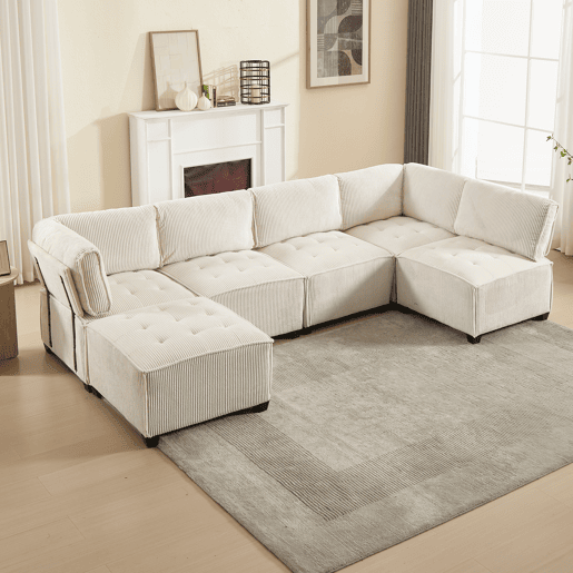 Sofá modular de 6 lugares, 308 cm - Ergonómico, com bolsos de arrumação, convertível em ULsofá-cama, estrutura em madeira e metal, fácil montagem - Bege