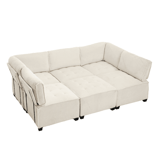 Sofá modular de 6 lugares, 308 cm - Ergonómico, com bolsos de arrumação, convertível em ULsofá-cama, estrutura em madeira e metal, fácil montagem - Bege