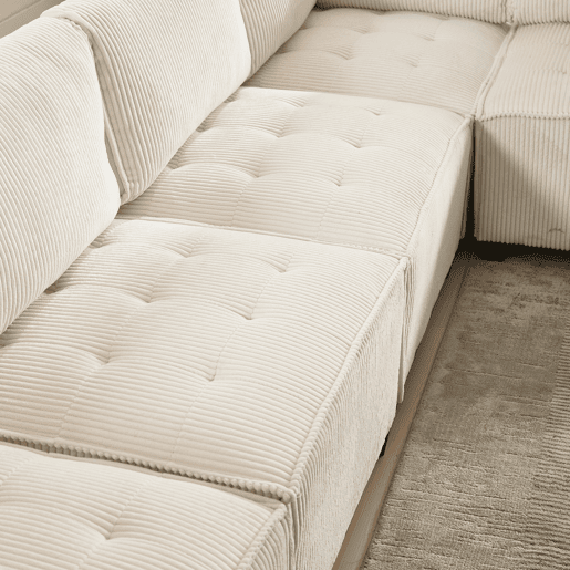 Sofá modular de 6 lugares, 308 cm - Ergonómico, com bolsos de arrumação, convertível em ULsofá-cama, estrutura em madeira e metal, fácil montagem - Bege