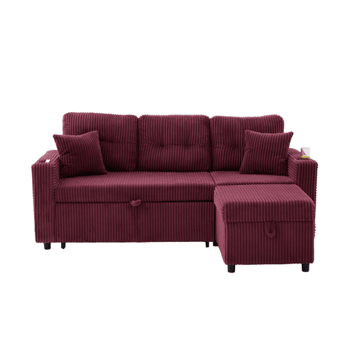 Sofá multifuncional de 3 lugares - Com arrumação, cama extensível, USB-C, iluminação ambiente, porta-copos - Vermelho vinho Sofá multifuncional de 3 lugares - Com arrumação, cama extensível, USB-C, iluminação ambiente, porta-copos - Vermelho vinho