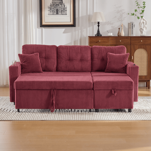 Sofá multifuncional de 3 lugares - Com arrumação, cama extensível, USB-C, iluminação ambiente, porta-copos - Vermelho vinho Sofá multifuncional de 3 lugares - Com arrumação, cama extensível, USB-C, iluminação ambiente, porta-copos - Vermelho vinho