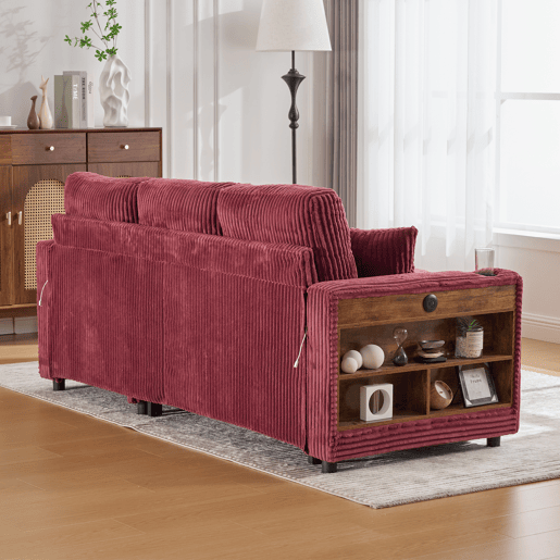 Sofá multifuncional de 3 lugares - Com arrumação, cama extensível, USB-C, iluminação ambiente, porta-copos - Vermelho vinho Sofá multifuncional de 3 lugares - Com arrumação, cama extensível, USB-C, iluminação ambiente, porta-copos - Vermelho vinho