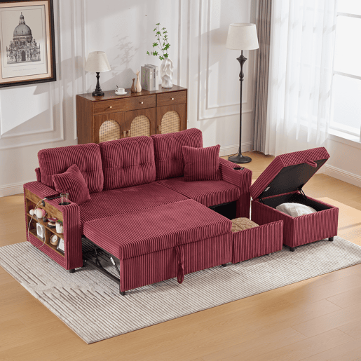 Sofá multifuncional de 3 lugares - Com arrumação, cama extensível, USB-C, iluminação ambiente, porta-copos - Vermelho vinho Sofá multifuncional de 3 lugares - Com arrumação, cama extensível, USB-C, iluminação ambiente, porta-copos - Vermelho vinho