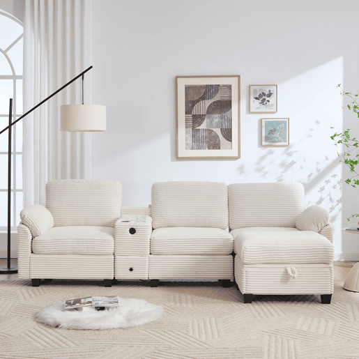 Sofá Cord 3 lugares - Espuma confortável, consola removível, USB-C, arrumação - Bege