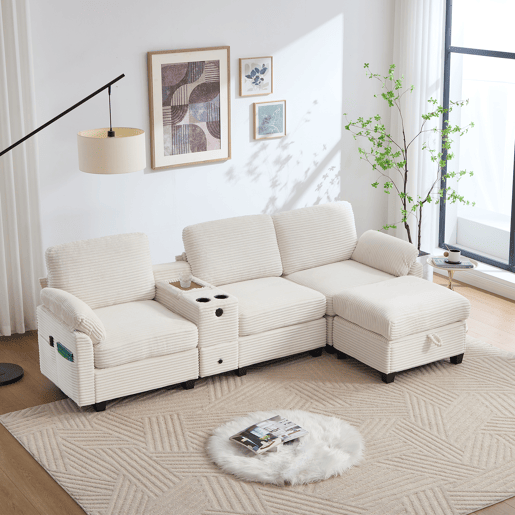 Sofá Cord 3 lugares - Espuma confortável, consola removível, USB-C, arrumação - Bege