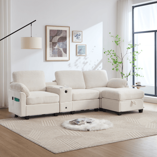 Sofá Cord 3 lugares - Espuma confortável, consola removível, USB-C, arrumação - Bege