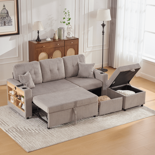Sofá multifuncional de 3 lugares - com arrumação e cama extensível - cinzento claro Sofá multifuncional de 3 lugares - com arrumação e cama extensível - cinzento claro