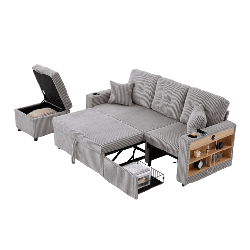 Sofá multifuncional de 3 lugares - com arrumação e cama extensível - cinzento claro Sofá multifuncional de 3 lugares - com arrumação e cama extensível - cinzento claro
