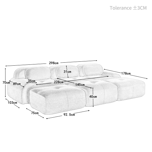 Sofá modular de 3 lugares com 3 pufes - Montagem sem necessidade, adequado para animais de estimação, braços ultra-refinados, estofamento altamente elástico 32D - Bege
