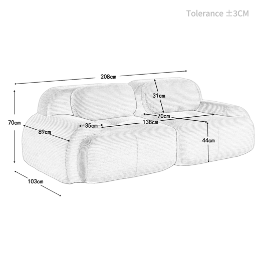 Sofá loveseat 82'' - modular com braços curvos e base antiderrapante - castanho