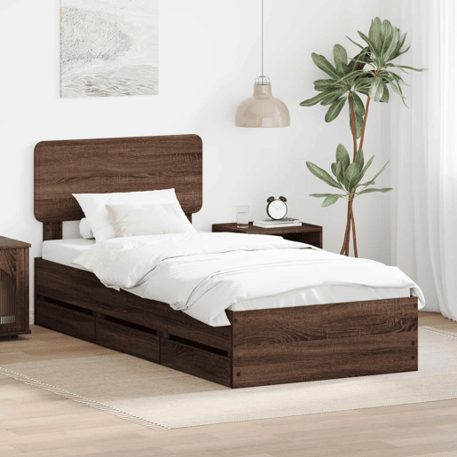 Estrutura de cama de solteiro moderno com cabeceira - Carvalho castanho 75 x 190 cm