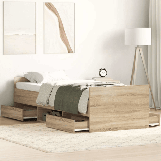 Estrutura de cama de solteiro para adultos c painéis de cabeceira e pés carvalho sonoma