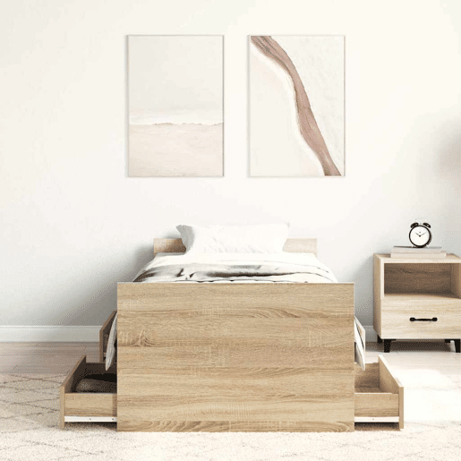 Estrutura de cama de solteiro para adultos c painéis de cabeceira e pés carvalho sonoma