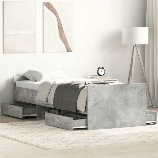 Estrutura de cama de solteiro para adultos c painéis de cabeceira e pés cinza cimento
