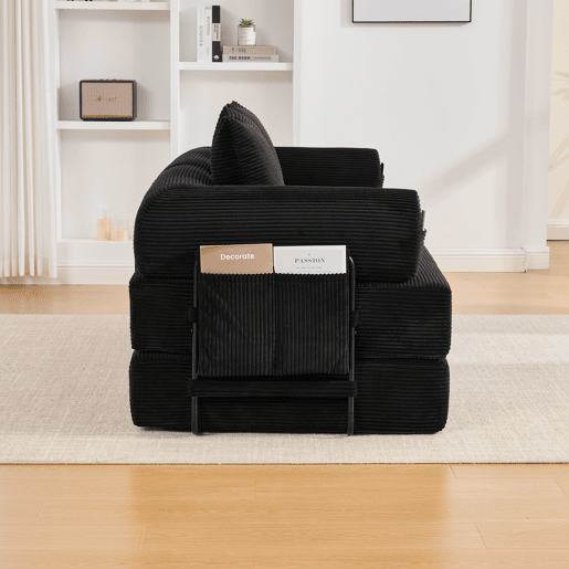Sofá dobrável de 3 lugares - Estrutura metálica, 3 almofadas, com bolsos laterais - Preto