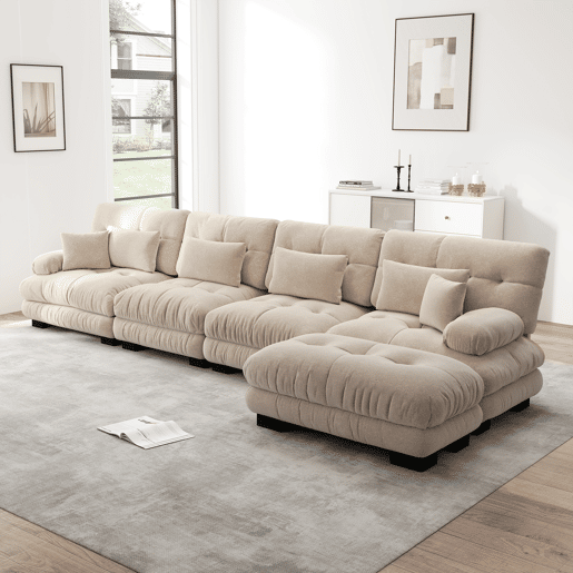 Sofá modular L - 4 lugares - Cloud com otomano móvel - Chenille - Café claro