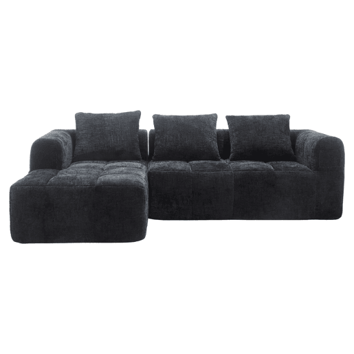 Sofá seccional moderno, sofá em L, sofá de 3 lugares, sem necessidade de montagem, sofá de chenille com chaise longue e apoio de braços, 3 almofadas, bolso lateral para controlo remoto, preto