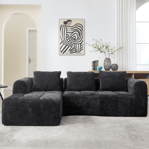 Sofá seccional moderno, sofá em L, sofá de 3 lugares, sem necessidade de montagem, sofá de chenille com chaise longue e apoio de braços, 3 almofadas, bolso lateral para controlo remoto, preto