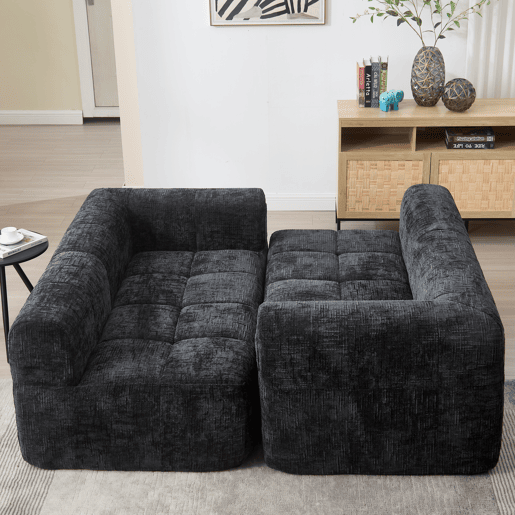 Sofá seccional moderno, sofá em L, sofá de 3 lugares, sem necessidade de montagem, sofá de chenille com chaise longue e apoio de braços, 3 almofadas, bolso lateral para controlo remoto, preto