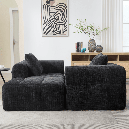 Sofá seccional moderno, sofá em L, sofá de 3 lugares, sem necessidade de montagem, sofá de chenille com chaise longue e apoio de braços, 3 almofadas, bolso lateral para controlo remoto, preto