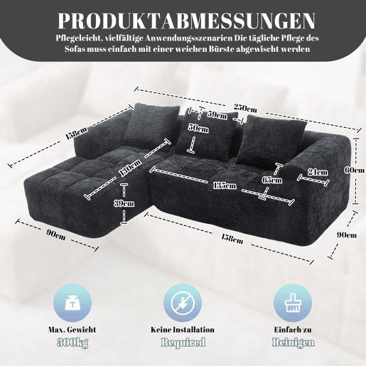 Sofá seccional moderno, sofá em L, sofá de 3 lugares, sem necessidade de montagem, sofá de chenille com chaise longue e apoio de braços, 3 almofadas, bolso lateral para controlo remoto, preto