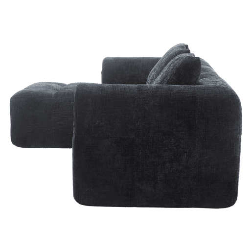 Sofá seccional moderno, sofá em L, sofá de 3 lugares, sem necessidade de montagem, sofá de chenille com chaise longue e apoio de braços, 3 almofadas, bolso lateral para controlo remoto, preto