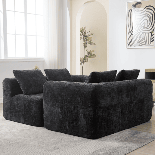 Sofá seccional moderno, sofá em L, sofá de 3 lugares, sem necessidade de montagem, sofá de chenille com chaise longue e apoio de braços, 3 almofadas, bolso lateral para controlo remoto, preto