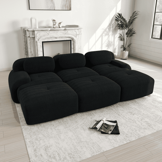 Sofá modular de 3 lugares - com 3 pufes, montagem sem ferramentas, adequado para animais de estimação, braços ultra largos - Preto