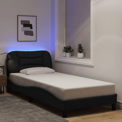Estrutura de cama de solteiro para adultos com LED 90x200 cm tecido preto