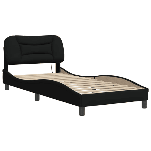 Estrutura de cama de solteiro para adultos com LED 90x200 cm tecido preto