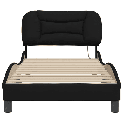 Estrutura de cama de solteiro para adultos com LED 90x200 cm tecido preto