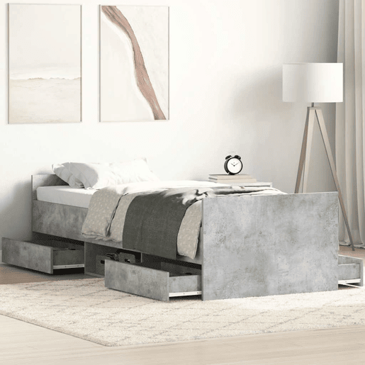 Estrutura de cama de solteiro para adultos c painéis de cabeceira e pés cinza cimento