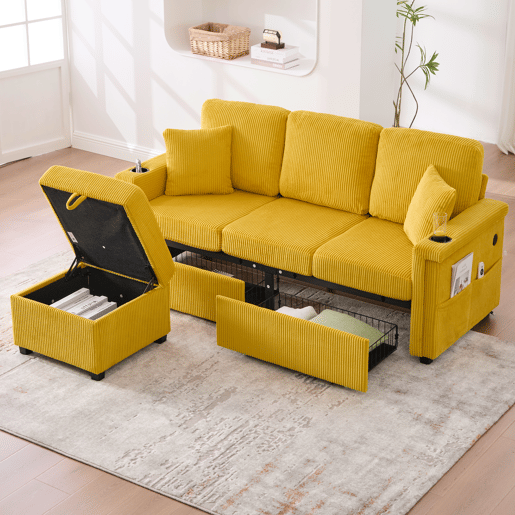 Sofá de veludo para 4 pessoas - com iluminação LED, porta USB-C, arrumação e porta-copos - Amarelo mostarda