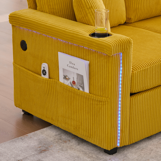 Sofá de veludo para 4 pessoas - com iluminação LED, porta USB-C, arrumação e porta-copos - Amarelo mostarda