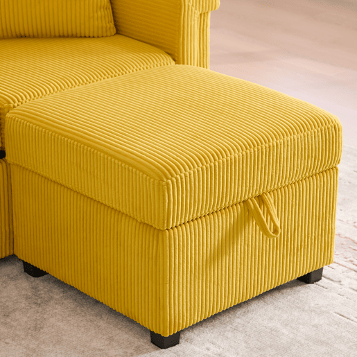 Sofá de veludo para 4 pessoas - com iluminação LED, porta USB-C, arrumação e porta-copos - Amarelo mostarda